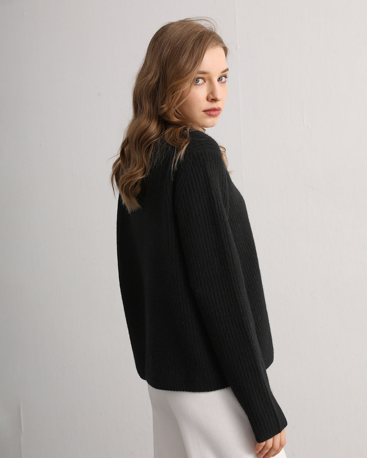 Half-Cardigan Crewneck Cashmere Sweater
