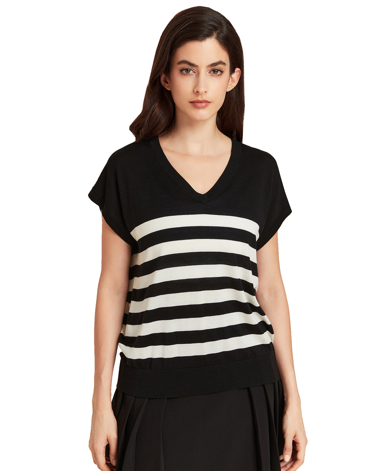 Stripe V neck Silk T shirt