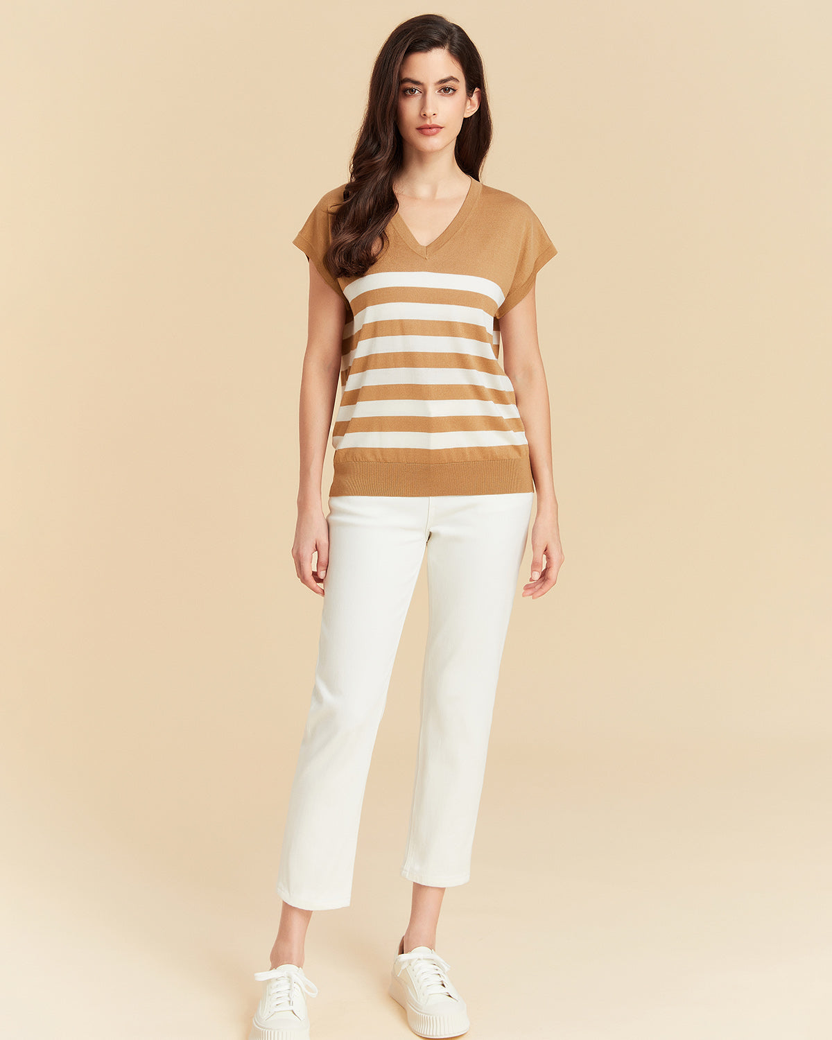 Stripe V neck Silk T shirt