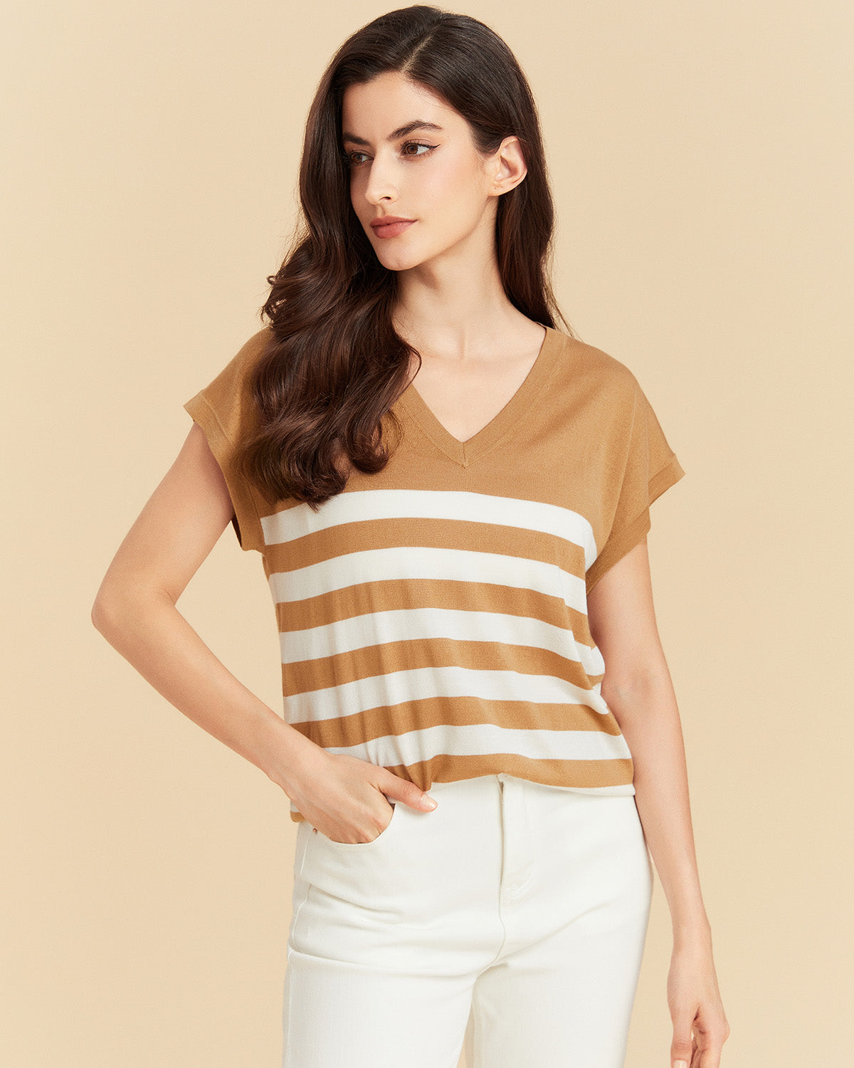 Stripe V neck Silk T shirt