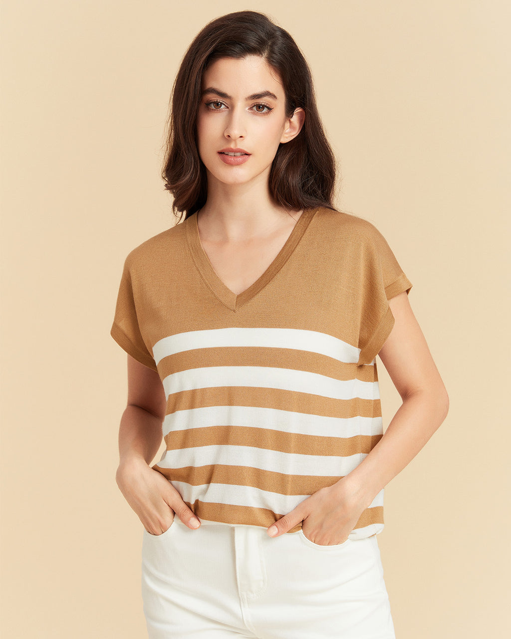 Stripe V neck Silk T shirt