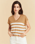 Stripe V neck Silk T shirt