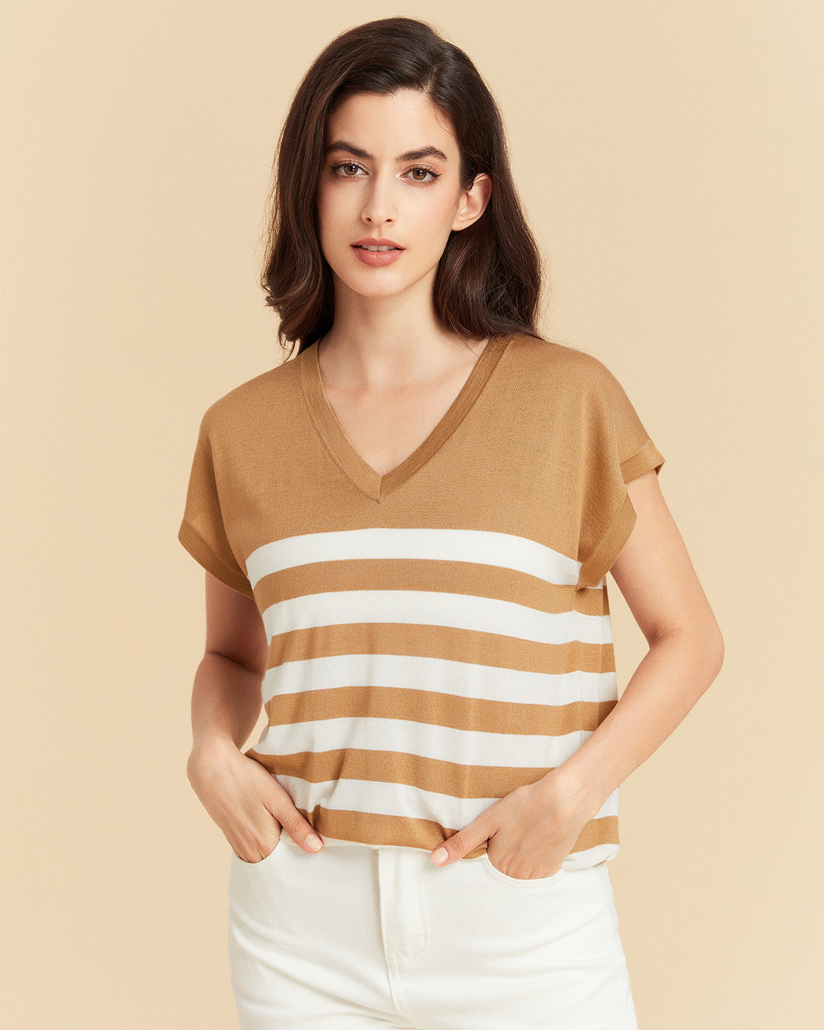 Stripe V neck Silk T shirt