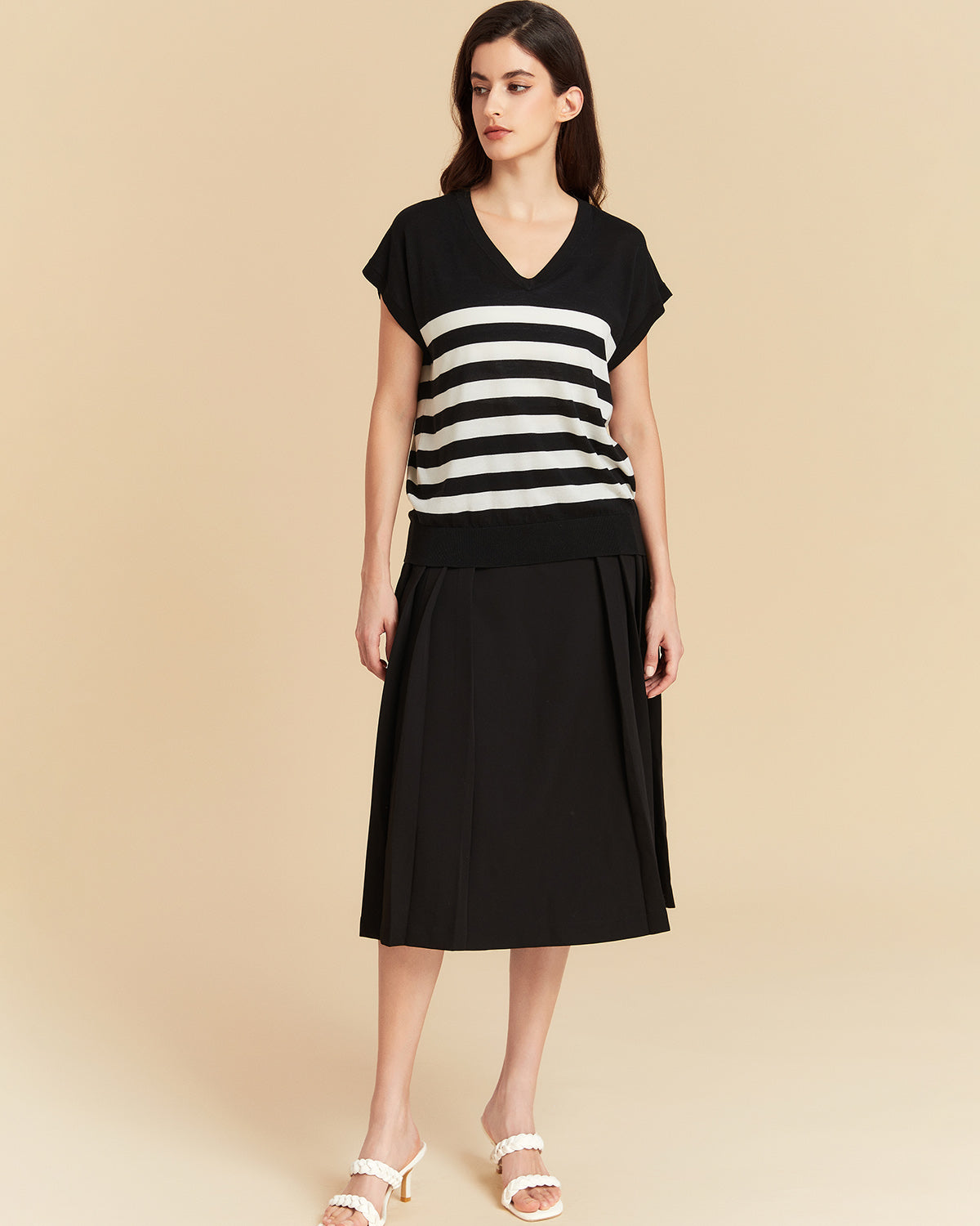 Stripe V neck Silk T shirt