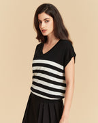 Stripe V neck Silk T shirt