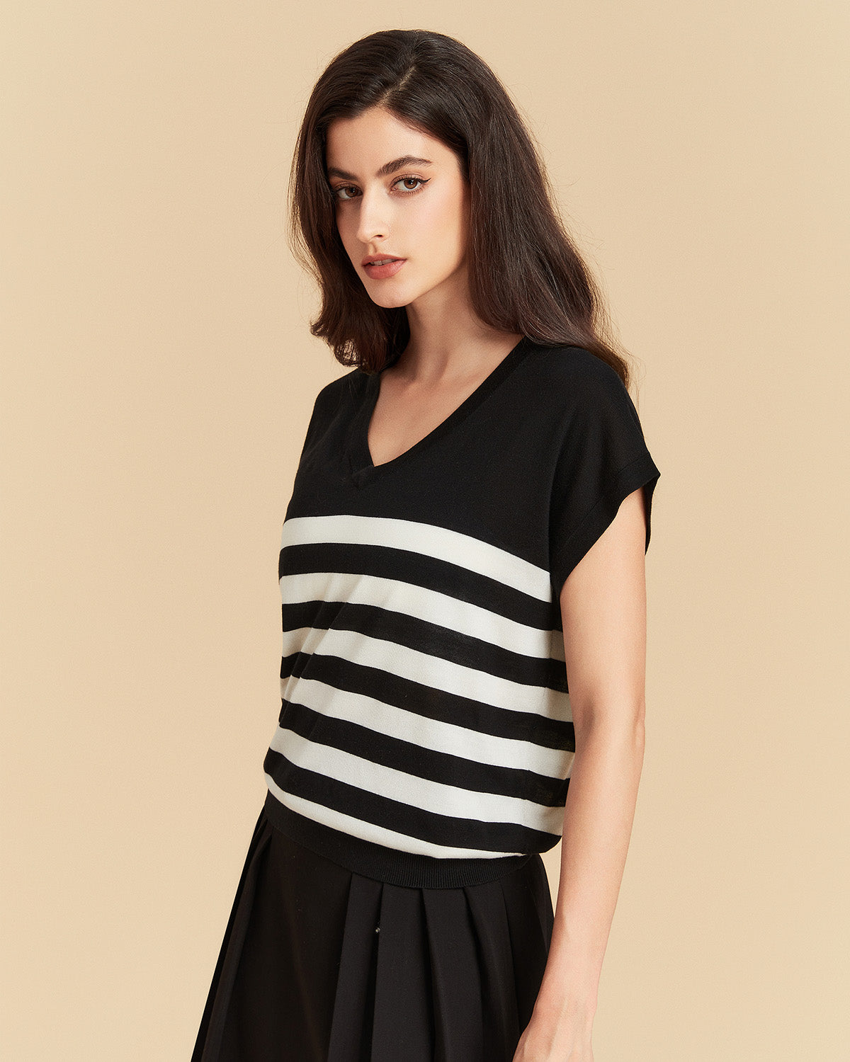 Stripe V neck Silk T shirt