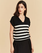 Stripe V neck Silk T shirt