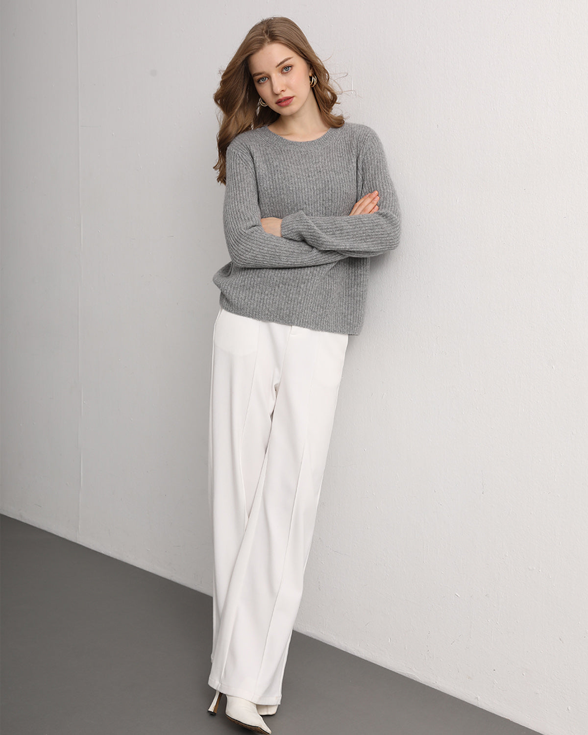 Half-Cardigan Crewneck Cashmere Sweater